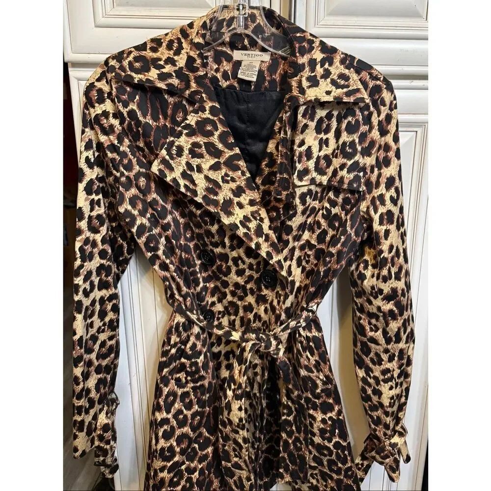 Vertigo Paris Women's Animal Print Double Breasted Trench Coat Black Tan XS
